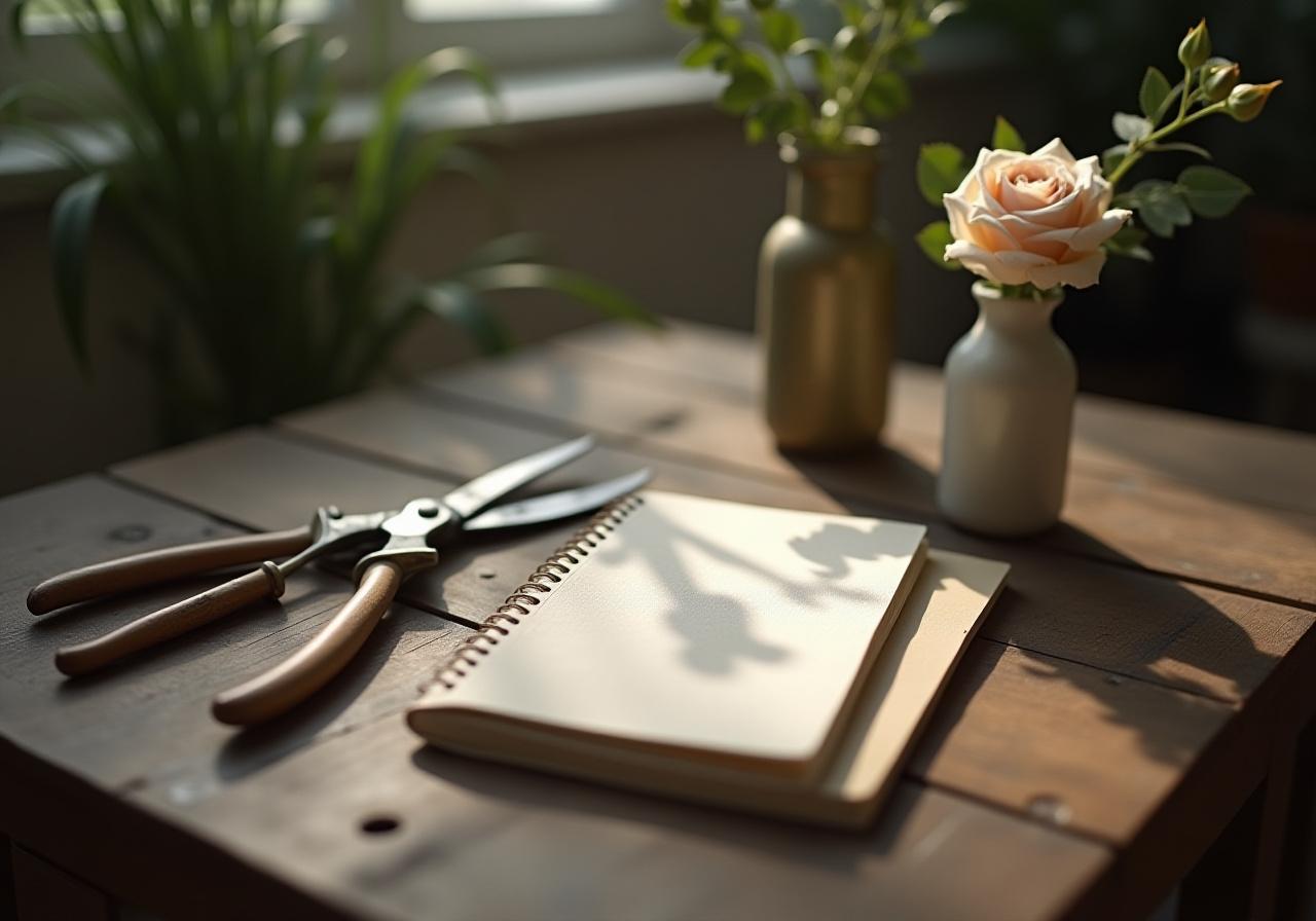 Soft morning light hitting a desk with floral notebooks and shears